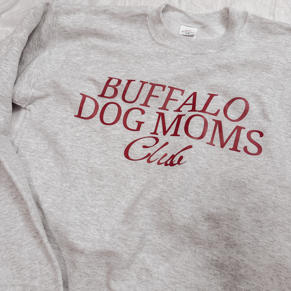Buffalo Dog Moms Club - Red font on gray crewneck