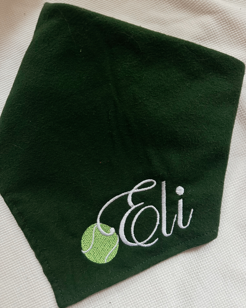 Embroidered Tennis Ball with Name - Dark Green flannel fabric